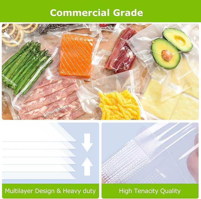 Bonsenkitchen Vacuum Sealer Bags Rolls for food, 11in x 50ft & 8in x 50ft | Durable Food Saver Bags, Commercial Grade, Heavy Duty, BPA Free, Seal a Meal, Food Storage & Sous Vide Cooking, VB25