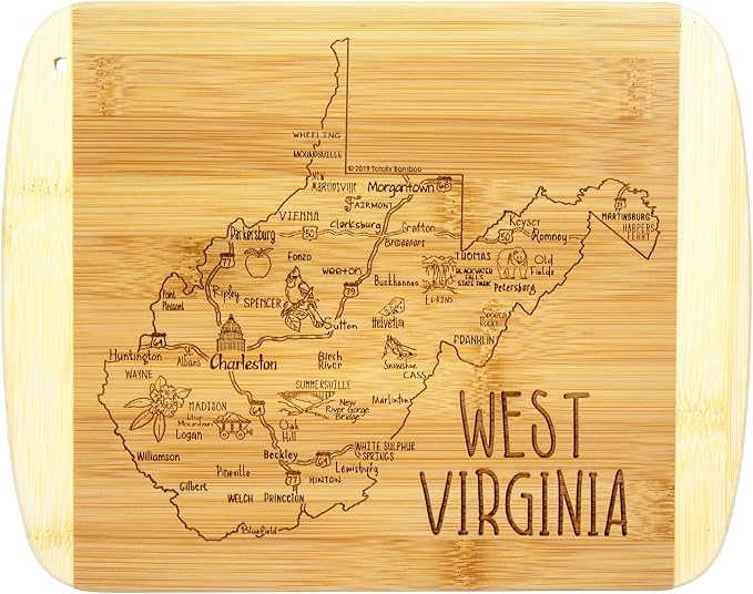 Totally Bamboo A Slice of Life West Virginia Engraved Map Cutting Board | 11” x 8.75” charcuterie board with engraved state map artwork. Smooth reverse side for food prep. Hang tie for wall display.