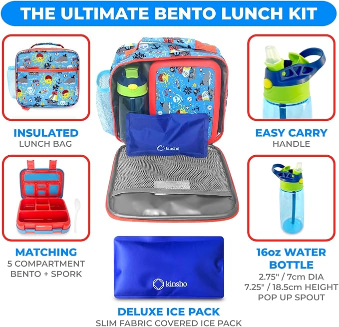 kinsho Kids Bento Lunch Box, Water Bottle, Ice Pack & Bag Set, Blue Pirates | 5 Leakproof Portion Compartments, BPA-Free Removable Tray, Insulated Meal, Snack Container for Toddlers, Pre-School & Daycare