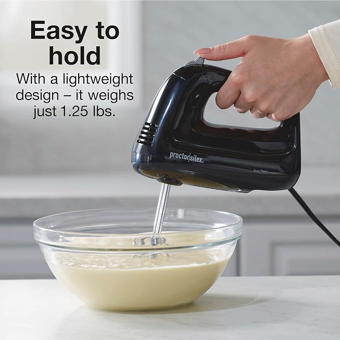 Proctor Silex Easy Mix 5-Speed Electric Hand Mixer with Bowl Rest | Compact and Lightweight | 215 Watts of Peak Power | Black | 62511