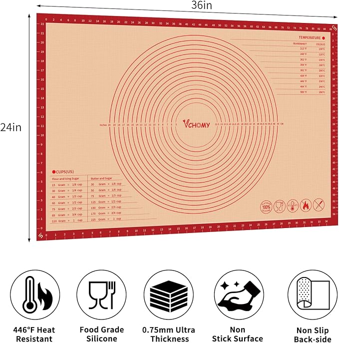 Extra Large Silicone Pastry Mat for Counter Rolling Dough,36x24 Inch,0.75mm Thick,Non Slip Silicone Baking Mat with Measurement(36 x 24 In,Red)