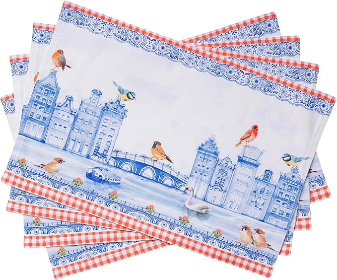 Maison d' Hermine Placemats Set of 4 Reusable 100% Cotton (13"x19") | Cloth Place Mats Washable Table Mats for Kitchen Dining Party Wedding Hotel Home Restaurant Spring Summer - Amsterdam Canals