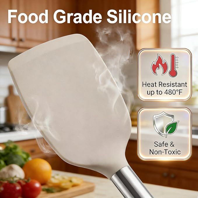 Vayvnt 4PCS Silicone Kitchen Cooking Utensils Set for Nonstick Pan, Khaki | Slotted Solid Turner Spoon, Stainless Steel Handle, Heat Resistant Up to 480℉, Non-toxic, Odorless, Dishwasher Safe