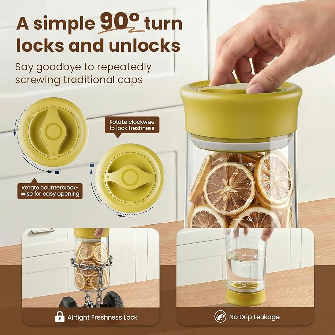 Airtight Glass Storage Jar 27 oz, Easy Open 1/4-Turn Lid Coffee Container | Easy-Open Quarter-Turn Lid, Airtight, Food Grade, Transparency, with Scale
