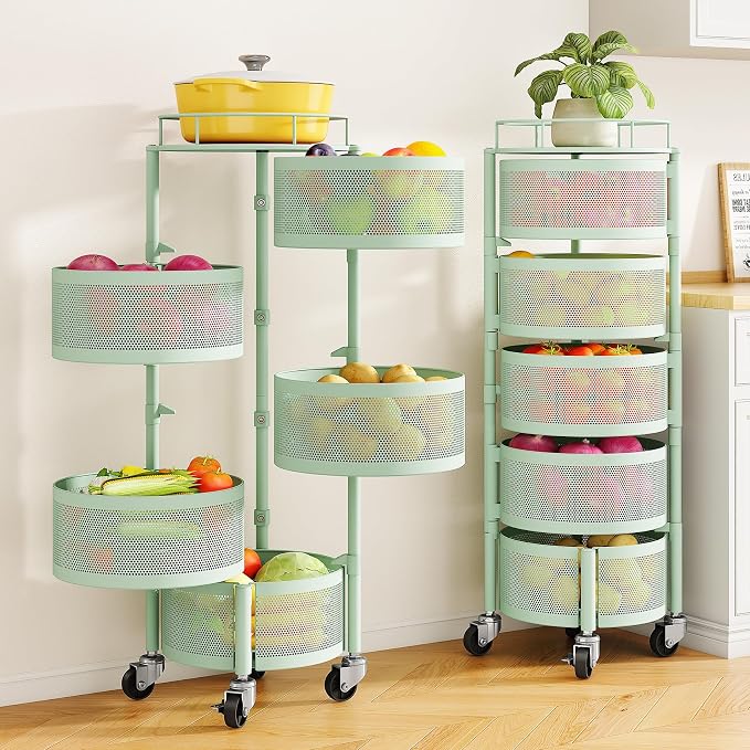 SNTD Fruit and Vegetable Basket Bowls for Kitchen with Metal Top Lid, 5 Tier Rotating Storage Rack Cart for Potato Onion Bread Banana, Wire Basket Organizer on Wheels, Large (Green)