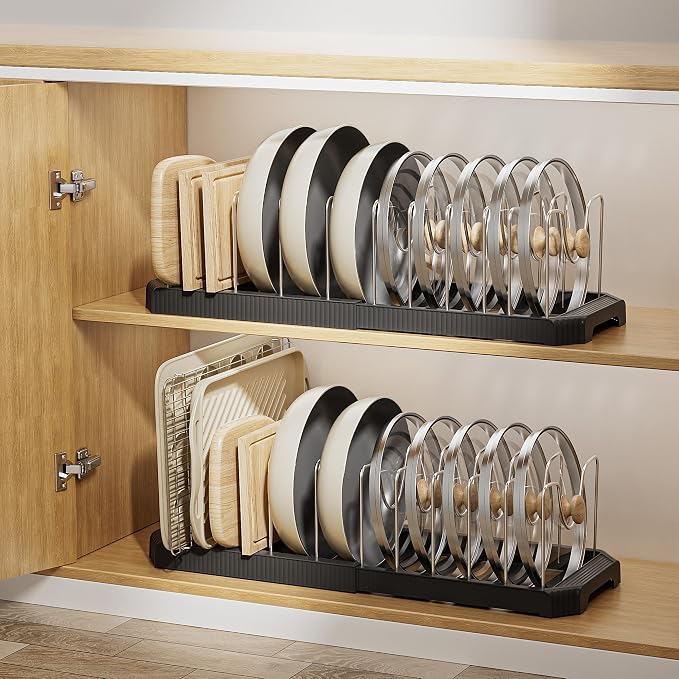 MUDEELA Pots and Pans Organizer under Cabinet, Pan Pot Organizer Inside Cabinet, Expandable 12.9''-21.88'' Pot Lid Organizer Holder with 12 Adjustable Dividers for Cutting Boards, Pan Lid Rack, Black