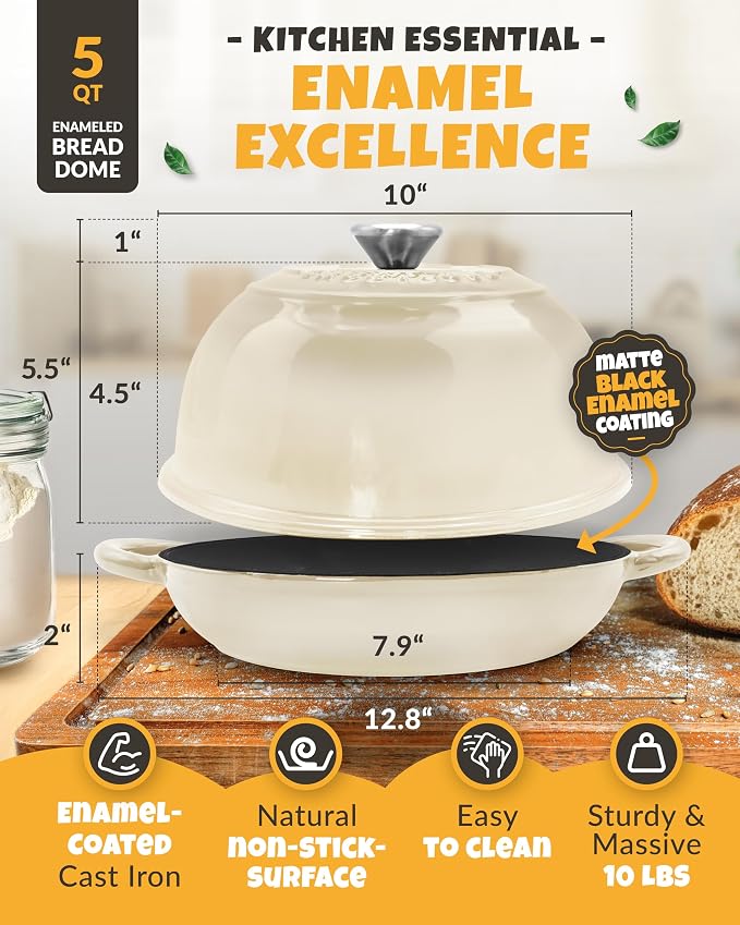 5 QT Enameled Dutch Oven for Bread Baking with Lid & Starter Kit | Dutch Oven for Sourdough Bread Baking, Enameled Cast Iron, Banneton, Bread Sling, Lame, Dough Whisk & Step-by-Step Guide