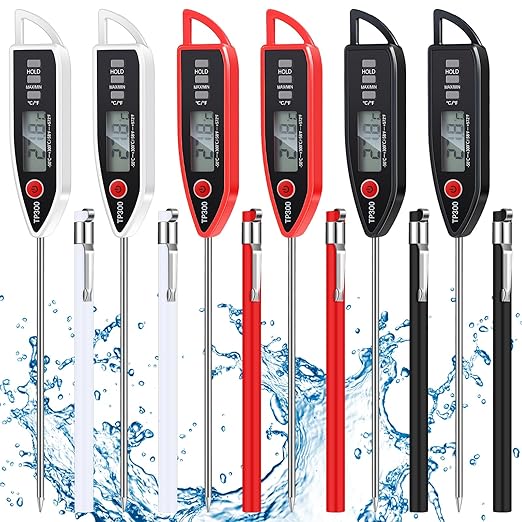 6 Set Digital Food Thermometer Long Probe Instant,Black, White, Red | Waterproof for Water Liquid Candle, Instant Temperature Read for Kitchen BBQ Grill Candy Meat, Foldable Probe Thermometer
