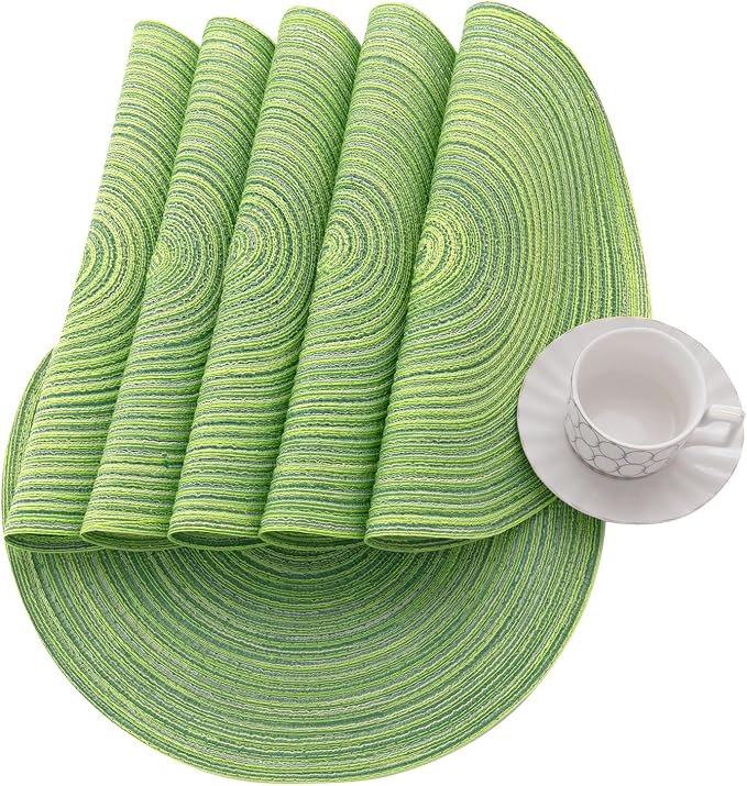 SHACOS Round Placemats Set of 8 Washable 15 inch Round Table Mats Braided Non Slip Fabric Place Mats for Dining Table Indoor Outdoor (Mixed Color Pea Green, 8)