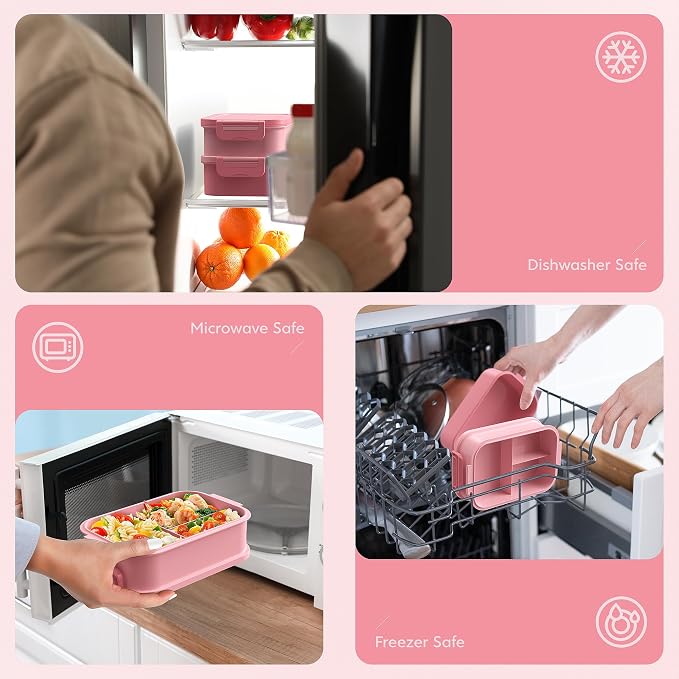 Bento Lunch Box for Adults - 3 Layers Leak-Proof Stackable Bento Box for Adults, 72oz Large-Style All-in-One Adult Lunchbox Bento Box with Utensil Accessories for Dining Out,Work, Pink