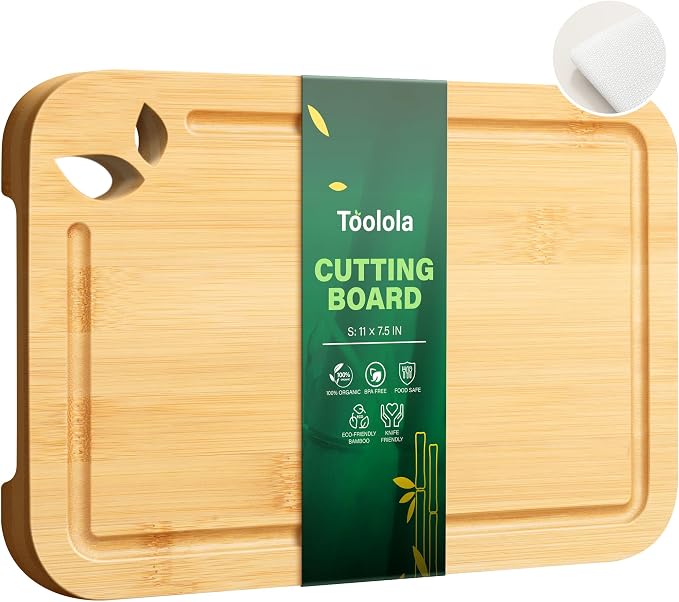 Bamboo Cutting Boards for Kitchen, Wooden Cutting Boards, 11 x 7.5 inch | Knife-Friendly Chopping Boards with Silicone Mat, Charcuterie Boards with Side Handles and Juice Grooves