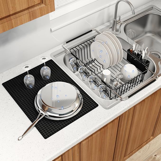Dish Drying Rack Over The Sink with Utensil Holder, Mat | Expandable Stainless Steel Dish Drainer for Small Kitchen, Apartment, RV, Counter Space Saving, Perfect Fit, Rustproof