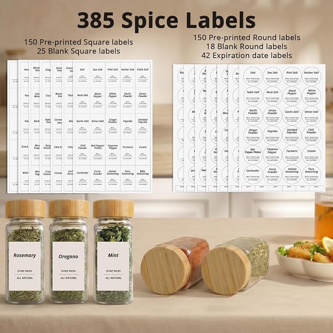 SHOWIN Spice Jars with Label, 4oz Spice Containers with Bamboo Lids 36pcs, Glass Spice Jars with Lids, Square Seasoning Containers for Rack, Cabinet, Drawer, Home Kitchen Seasoning Organizer