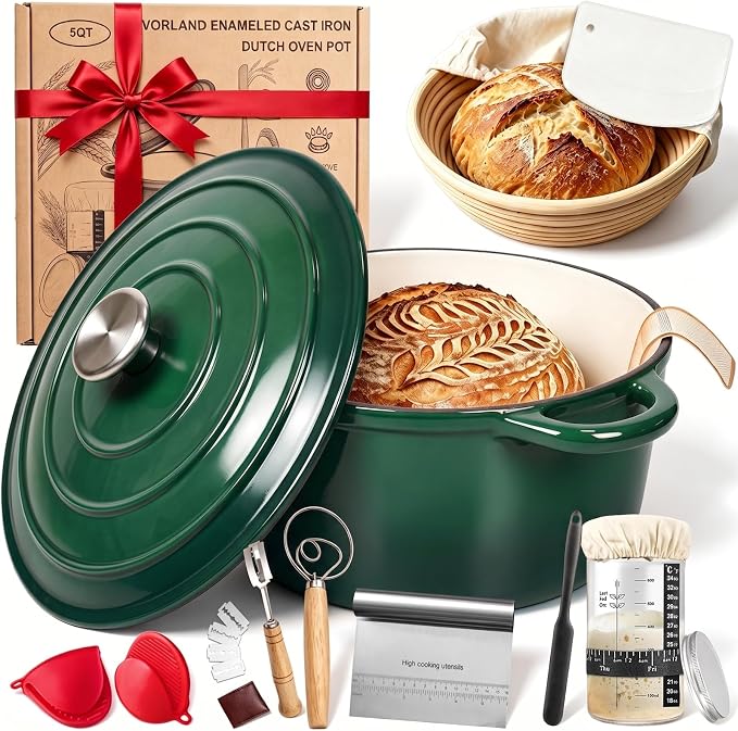 Enameled Cast Iron Dutch Oven Pot with Lid 5.5QT, Sourdough Bread Baking Supplies with Banneton Bread Proofing Basket Set & Starter Jar, Unique Dutch Oven for Bread Baking (Gradient Green)