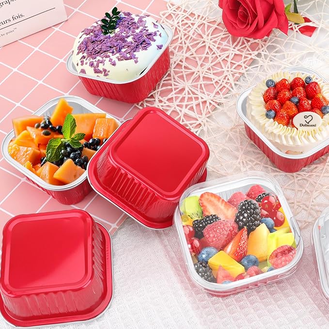 60Pack 5oz Christmas Mini Cake Pans with Lids Baking Cups Aluminum Foil Pans Tins, Individual Dessert Cups Containers for Sales,Party,Picnics Red