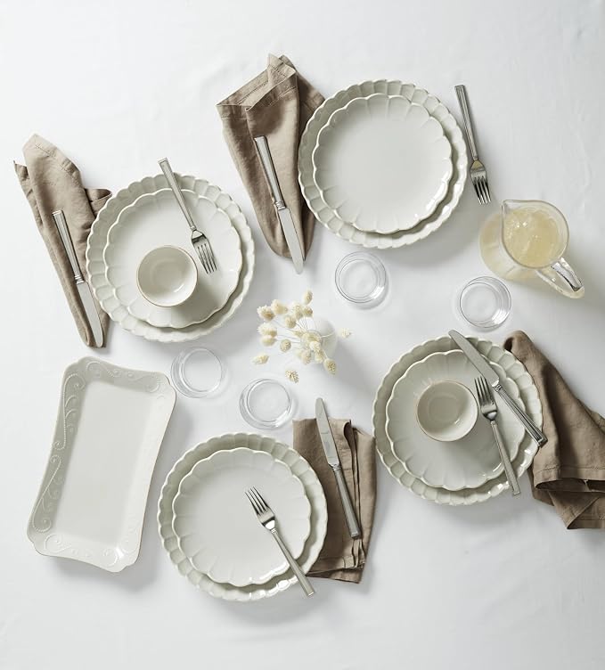 Lenox French Perle Scallop White Stoneware 24-Piece Dinnerware Set for 8 | dishwasher safe | plates and bowls sets for kitchen and dining | 11 inch plate, dish set, dishes | 2.25 inch, 16oz