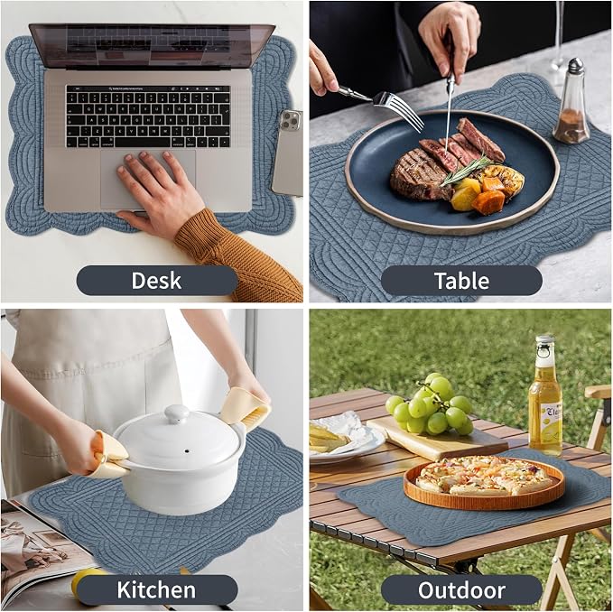 6 PC Quilted Placemats, 18"X13"Extra Large Cotton Placemats Set of 6, 100% Cotton Fabric Washable Cloth Table Mats for Kitchen & Dining Table - Soft &Easy Clean(Navy Blue, Rectangular)