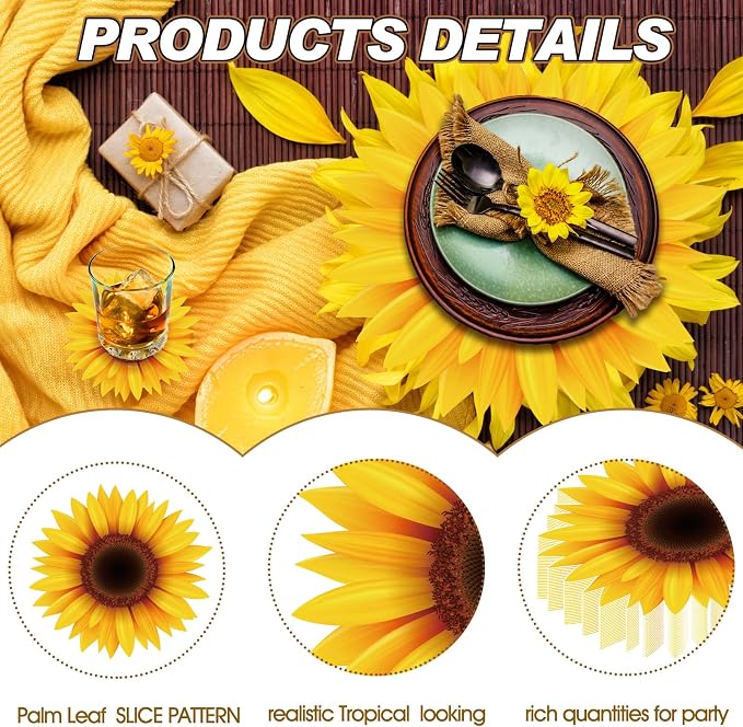 Geosar 200 Sunflower Placemats with Coasters Set, Disposable Paper Placemats and Coasters for Sunflower Table Decoration Outdoor Indoor for Summer Dining Table Decoration Wedding Shower Birthday