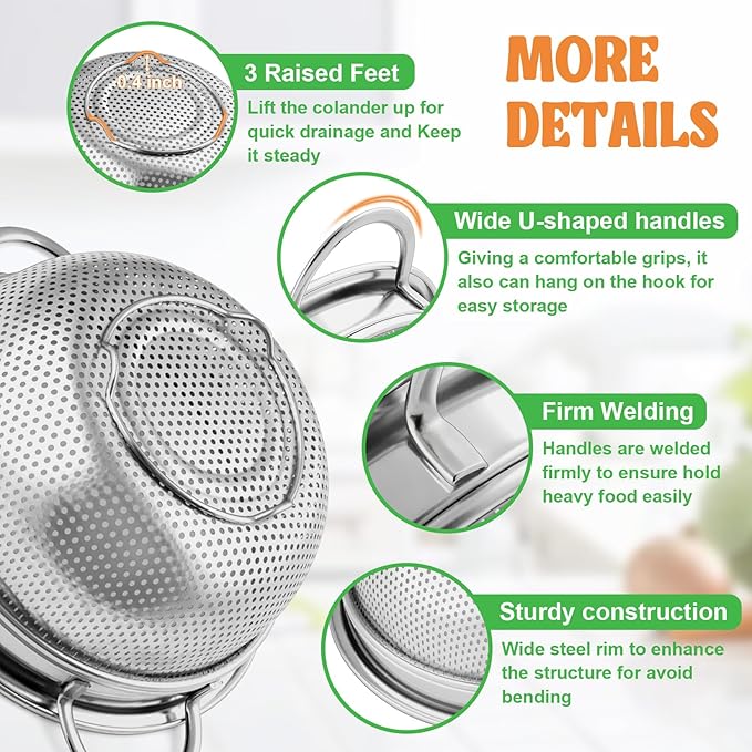 P&P CHEF 3 Quart Colander Strainer Stainless Steel Kitchen, 1PC | Metal Micro-Perforated Colander for Rinsing Washing Draining, Dishwasher Safe, Shiny Silver