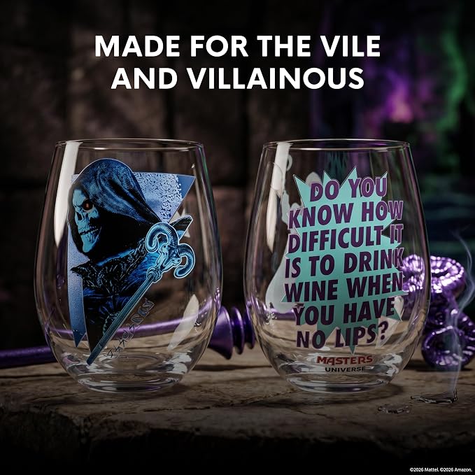 Dragon Glassware x Masters of the Universe Skeletor Wine Glasses, 18 oz | Stemless Wine Glasses Set of 2; MOTU Wine Glass Tumblers; Official Masters of the Universe 2026 Movie Merch