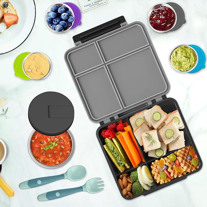 Aimsnk Kids Lunch Box with Thermo Insulated Lunch Bag for School, Black | Kids Bento Lunch Box with 8oz Food Jar, Leak Proof Hot Soup Lunch Containers with 4 Compartment, Warm Lunchbox for Toddler