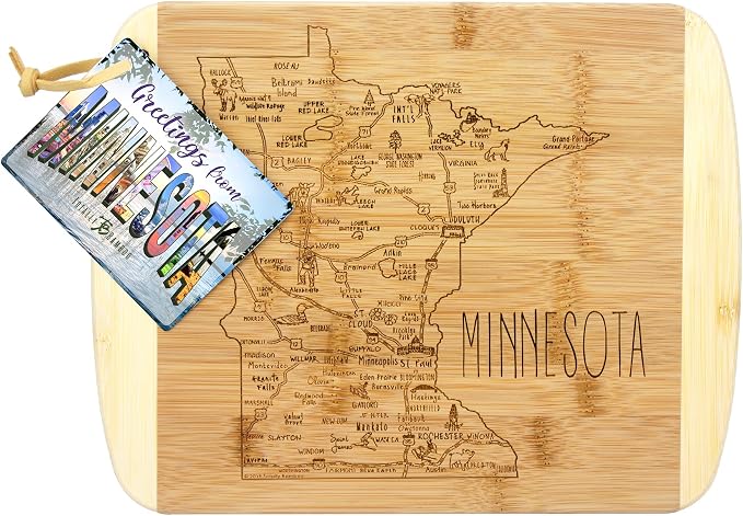 Totally Bamboo A Slice of Life Minnesota Engraved Map Cutting Board | 11” x 8.75” charcuterie board with engraved state map artwork. Smooth reverse side for food prep. Hang tie for wall display.