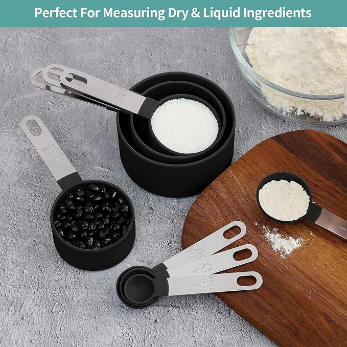 RUNZI 8 Pcs Measuring Cups and Spoons Set, Stackable Black Measuring Spoons for Measuring Dry and Liquid Ingredients Small Teaspoon with Plastic Head,Black
