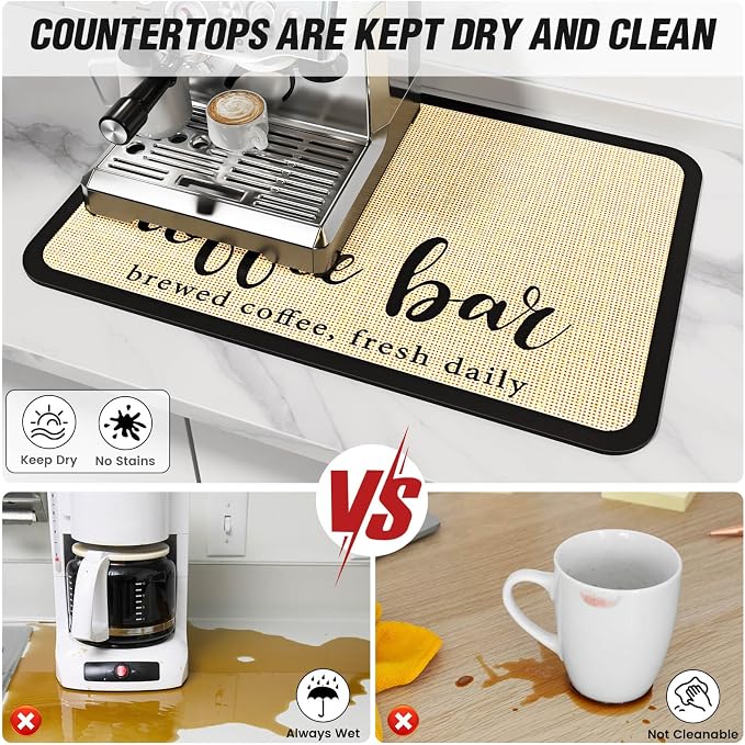 DK177 Coffee Mat - Dish Drying Mat for Kitchen Counter, Hide Stain, Absorbent with Waterproof Rubber Backing, Fit Kitchen Dish Rack Bar Accessories (Coffee Bar, 31.5" x 17")