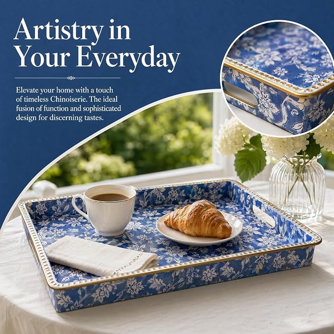 Rectangular Decorative Serving Tray with Handles,Vintage Blue White Floral Pattern Gold Trim Glossy Ottoman Coffee Table Tray,Multipurpose Vanity Tray for Jewelry Home Decor. 15.7" x 11.8"