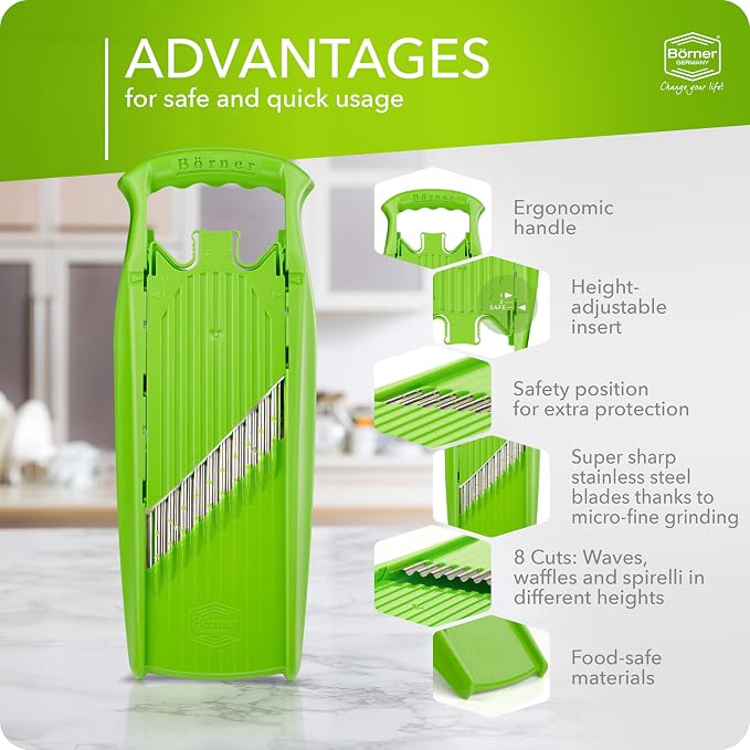 Börner Wave-Waffle PowerLine Crinkle Cut Vegetable Slicer (Green) • Slicer for Wave & Waffle Cut • Wavy Vegetable Cutter • Slicer for Lattice Potatoes & Chips • Wavy Potato Slicer