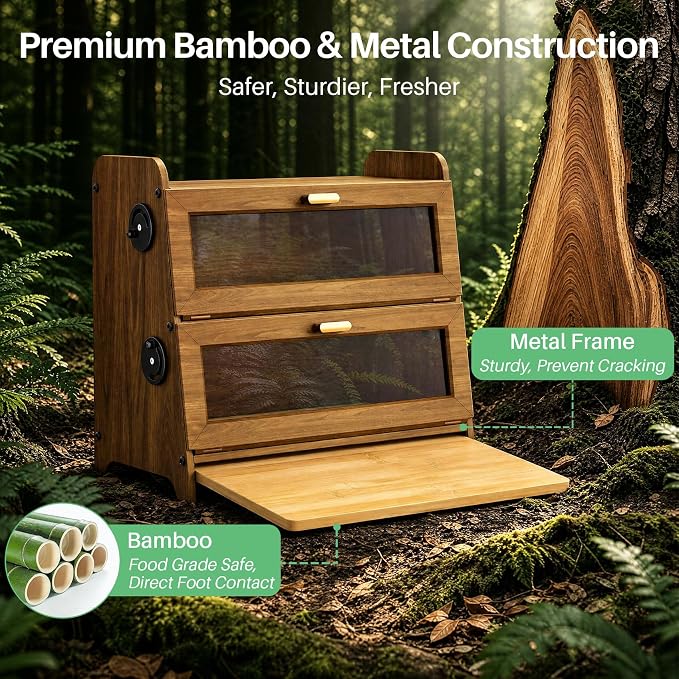 SNTD 2 Tier Bread Box for Kitchen Countertop, Adjustable Ventilation, Brown | Bamboo Cutting Board, Airtight Design, See-Through Magnetic Door, Bread Storage Container for Homemade Bread, Multi-purpose