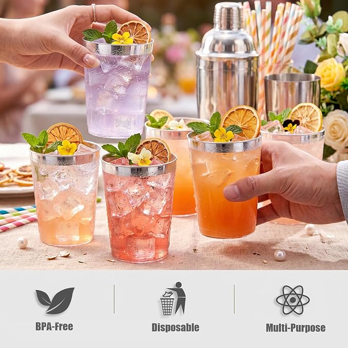DaYammi 200 Pack Silver Plastic Cups 10 Oz Clear Plastic Cups Silver Rimmed Disposable Wine Glasses Heavy Duty Disposable Tumblers Drinking Cocktail Glasses for Party Wedding