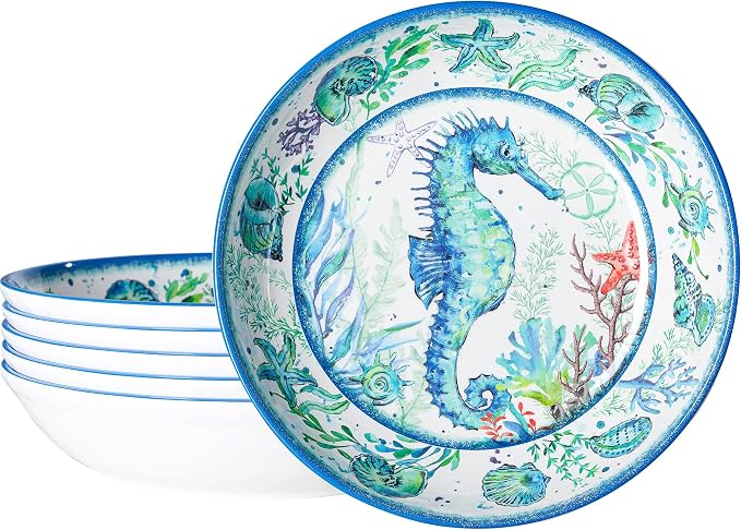 LEHAHA Melamine Pasta Bowls, Set of 6 9.25 inches 42 OZ Large Salad Serving Bowls, Coastal Melamine Dinner Deep Plates, Lightweight Soup/Cereal/Noodle Bowls set, Dishwasher Safe,Oceanic Design…