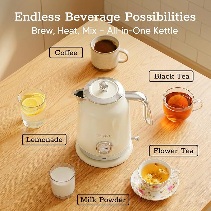 Electric Kettle with Thermometer, 1.7L White, 1200W | electric tea kettle with visible thermometer, stainless steel water-contact interior,cordless base for tea and coffee