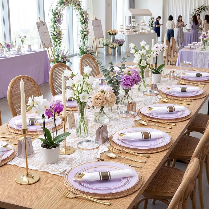 350PCS Purple Plates Disposable - Purple Plastic Plates 50Guests Lavender Disposable Dinnerware Sets with Rolled Napkins for Wedding/Birthday/Baby Shower/Bridal Shower