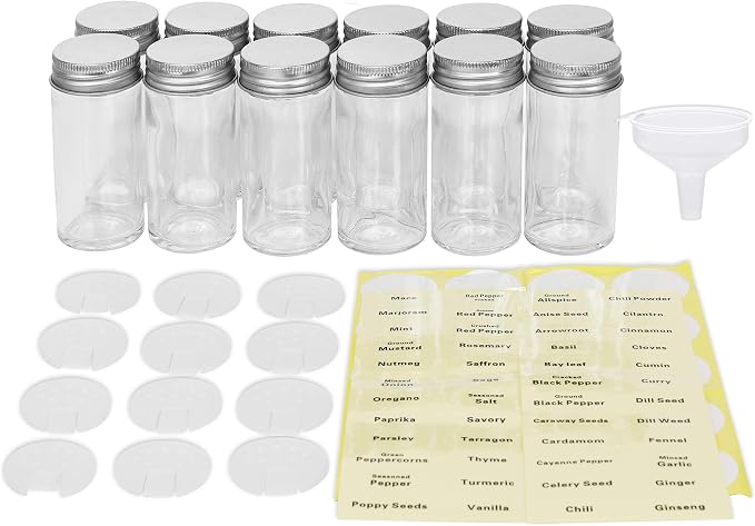 Simple Houseware Spice Jars 3-oz Round Glass Bottles, 12 Pack | 3 Ounce, with Shaker Lids, Funnel and Labels for Seasoning & Storage