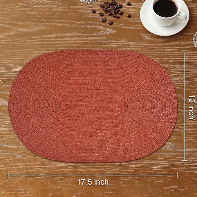 Placemats Set of 6, Woven Oval Braided Dining Table Mats(Rust Orange) | 12 x 17.5 Inch Size Fits Plates and Flatware; Hand Washable and Heat Resistant for Kitchen Use, with Farmhouse and Boho Style