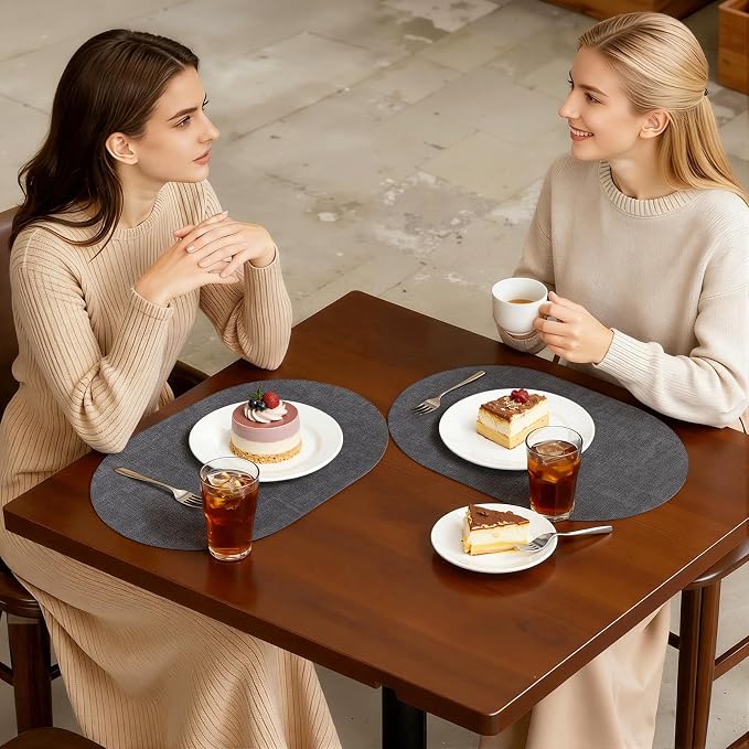 Placemats Set of 4, 11.8 x 17 Inch, Dark Grey | Heat Resistant Oval Faux Leather Place Mats, Waterproof Wipeable Reversible PU Placemat, Indoor & Outdoor
