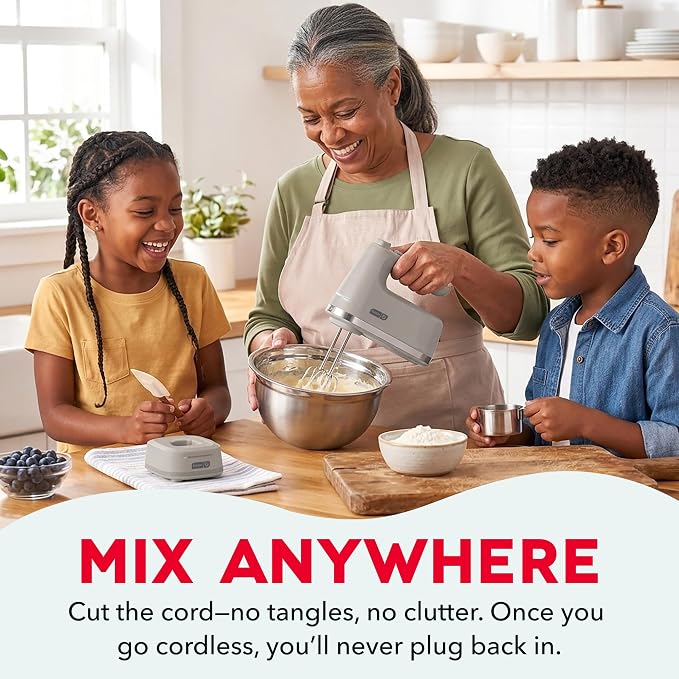Dash Cordless Hand Mixer, Beaters & Dough Hooks, French Grey | Handheld Electric Mixer for Baking, Whipping Cream, Cookie Dough & Cake Batter, Turbo Button, Rechargeable