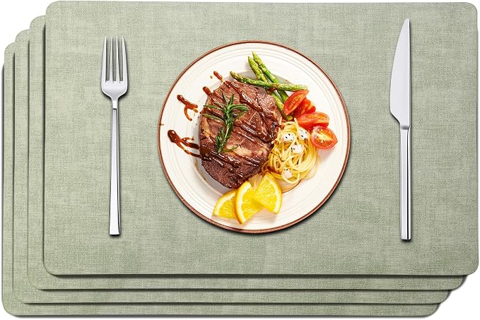 Maxpearl Faux Leather Placemats Set of 4, Easy to Clean, Light Green | Waterproof - Heat Resistant - Non Slip - Wipe Clean Dining Table Place Mats, Suitable for Indoor & Outdoor Use, 17''×12''