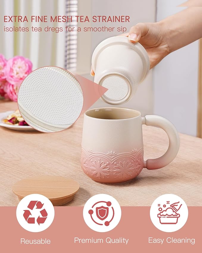 ZENS Tea Mug with Infuser and Lid for Loose Tea Diffusers, 12oz Pink | Embossed Ceramic Tea Cup with Infuser for Herbal Tea Steeper, Tea Lovers Gifts, Japandi Style Sunflower