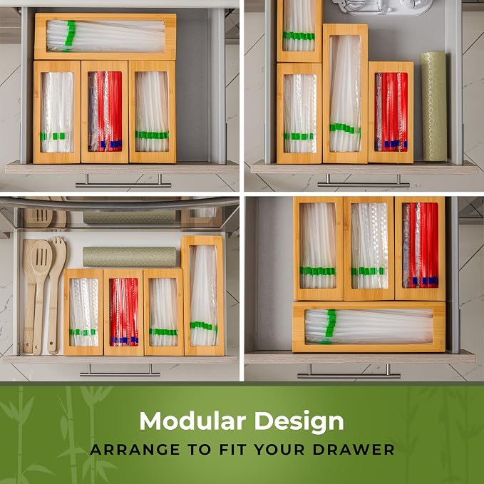 Bamboo Storage Bag Organizer for Drawer, 4 Blocks – Plastic Bag Organizer | Modular Kitchen Organization, Quick Refill – Fits Gallon, Quart, Sandwich & Snack Size Bags