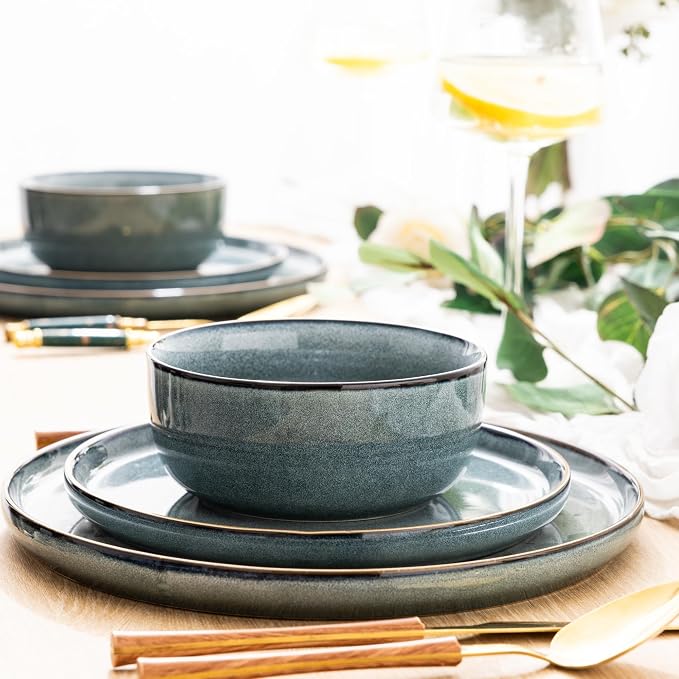 GBHOME Dinnerware Sets for 8, 24 Pieces Ceramic Plates and Bowls Set | Scratch Resistant Stoneware Dishes Set, Dishwasher & Microwave Safe, Reactive Glaze-Space Blue