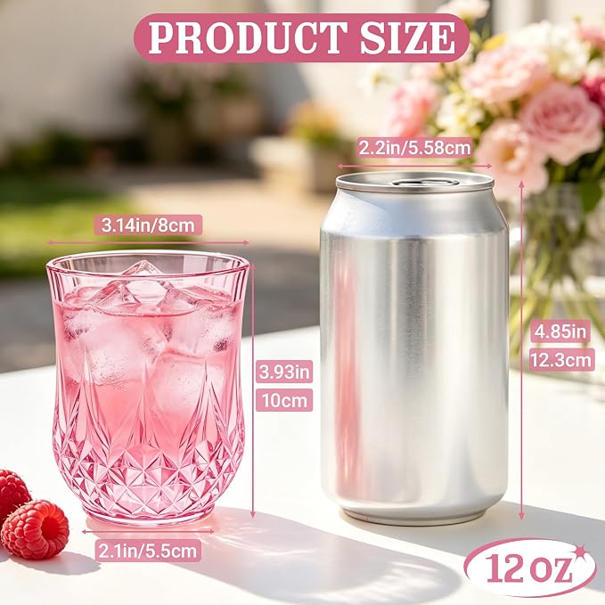 40 Pack 12 Oz Plastic Stemless Wine Glasses, Pink | Unbreakable, Reusable, Elegant Vintage Design, Fancy Cocktail Cups, Whiskey, Champagne, Wedding, Party, Bars, Holiday Events