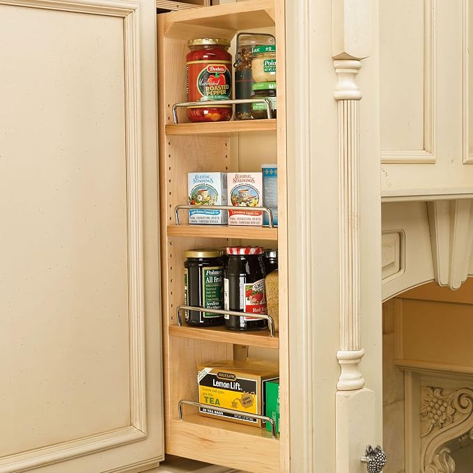 Rev-A-Shelf Kitchen Cabinet Pullout Wall Filler Wooden Organizer Slide Out Pantry Storage w/Soft-Close in Multiple Sizes, Maple Wood, 432-WFBBSC30-6C