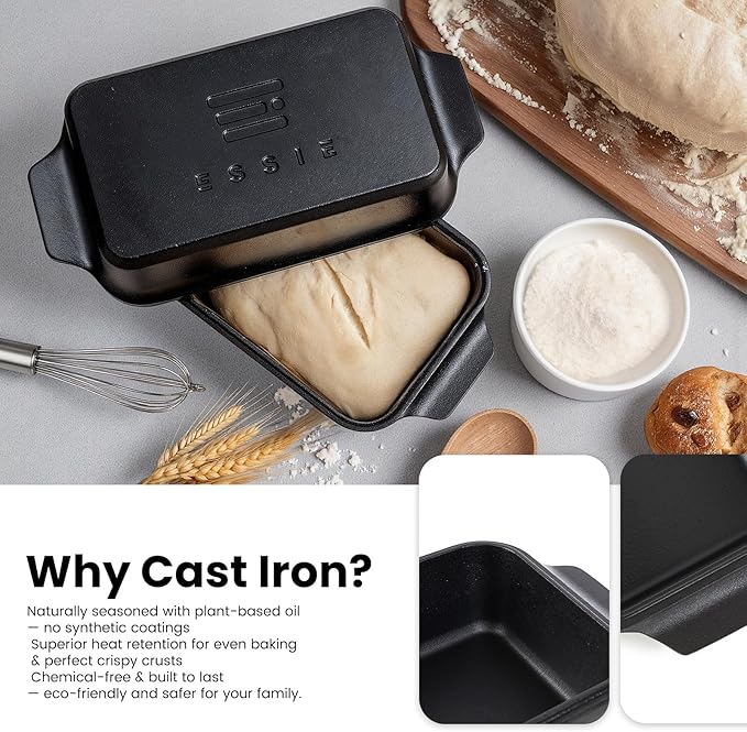 Cast Iron Loaf Pan with Lid, 9×5 Dutch Oven for Sourdough Bread Baking, Dutch Oven Pot with Lid for Bread Baking, Bread Pans for Baking, Pre-Seasoned (3 pieces, 2.2 QT Each)