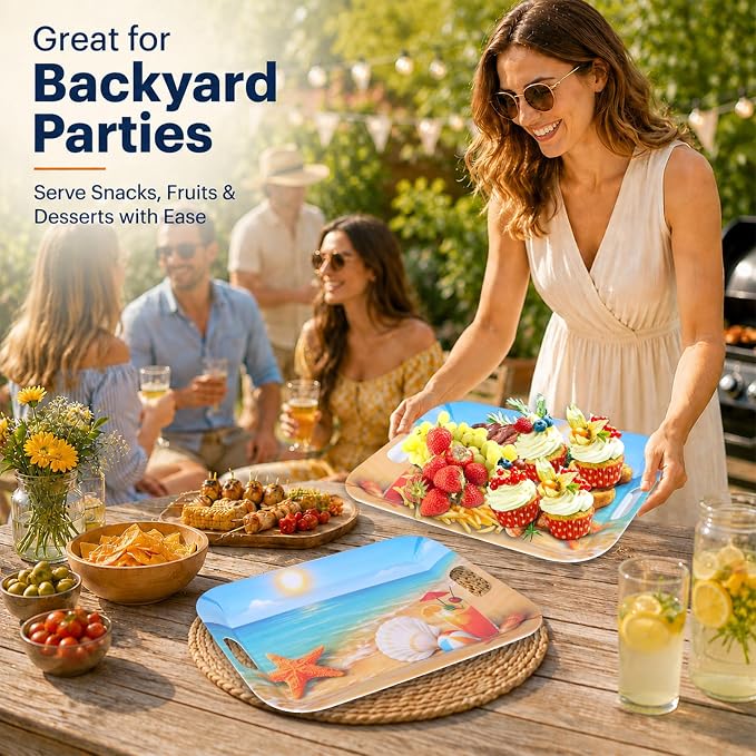 2 Pcs Summer Beach Serving Trays with Handles Colorful Beach Party Party Decorations 16 X 11inch Large Melamine Serving Platters for Birthday Baby Shower Hawaiian Tropical Summer Parties Supplies