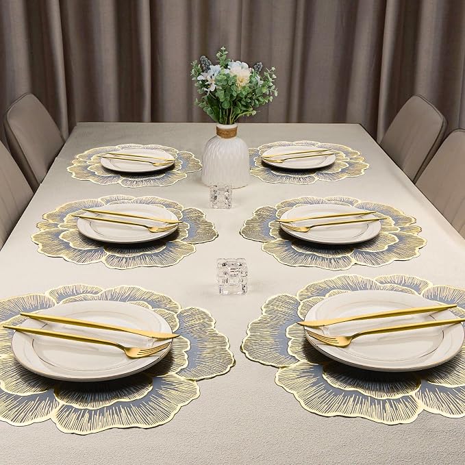 Gold Flower Placemats Set of 6 Pressed Vinyl Table Mats for Dining Table | Round Blue Centerpiece Decor Washable Waterproof Non Slip 15 Inch For Wedding Birthday Party Restaurant