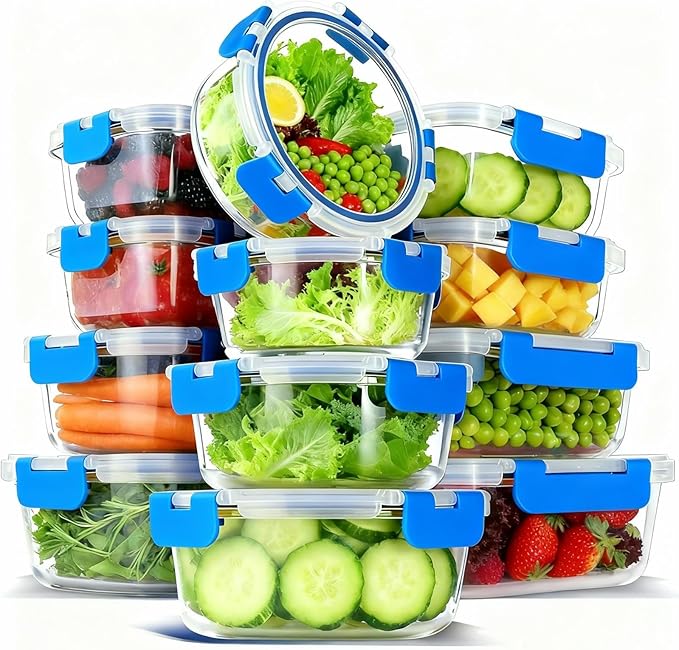 12 Pack Glass Food Storage Container Set with Lids Non Toxic, Stackable Borosilicate Glass Meal Prep Containers, Microwave, Oven, Freezer and Dishwasher Safe (Blue-12)
