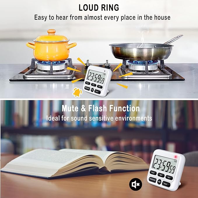 4-in-1 Digital Timer with Count Up/Down, Clock & Alarm, Ring & Silent Modes | Large 2.8-Inch easy-read LCD, On/Off switch, 24-Hour count up/down, Fast-forward function, Magnetic back, stand, hanging hole